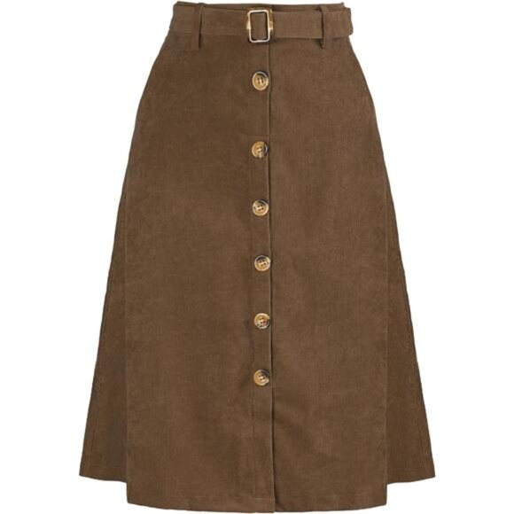 Womens High Waist Button Front A-Line Skirt Brown - Picture 1 of 5